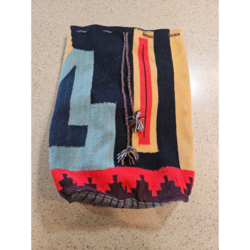 Southwestern Knit Drawstring Bag Boho Geometric Pouch Tassel